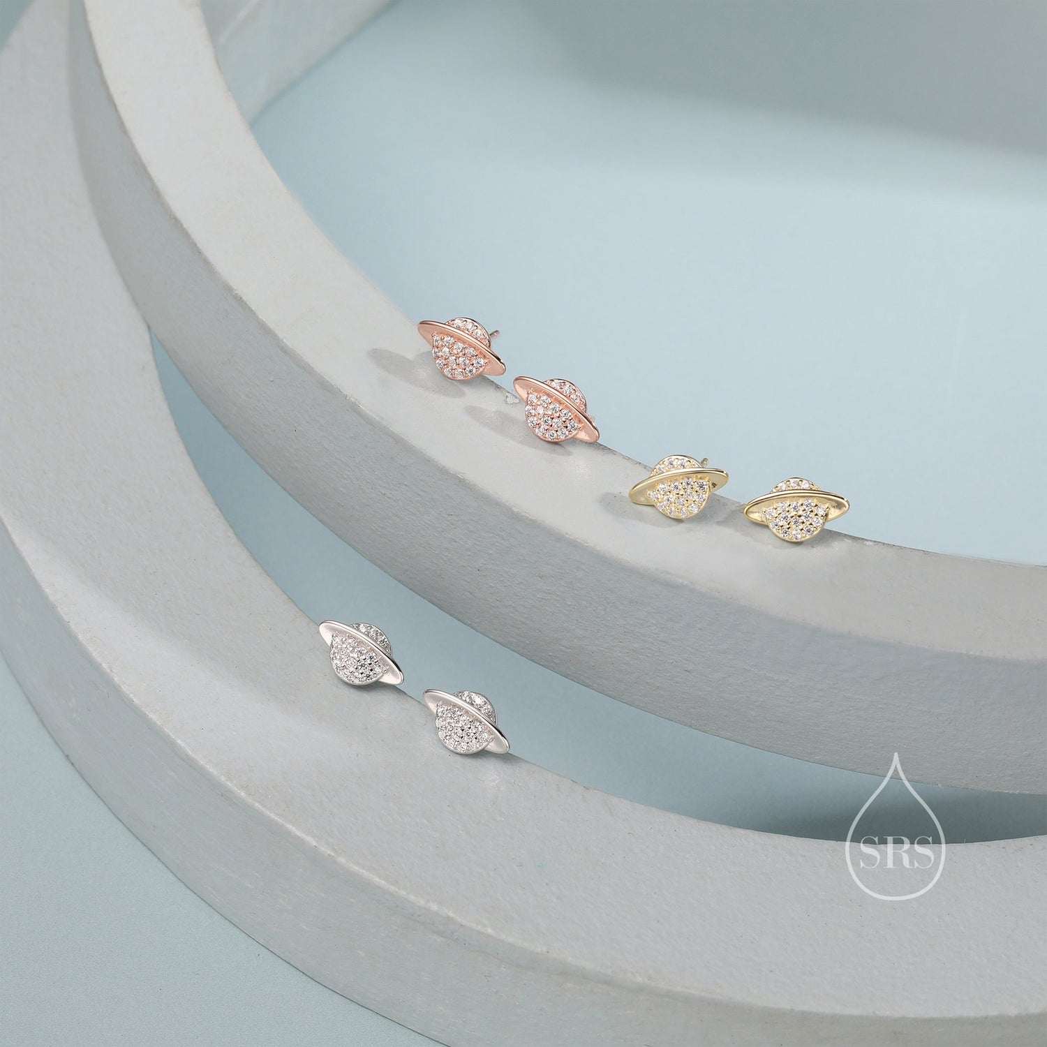 CZ Saturn Planet Stud Earrings in Sterling Silver, Silver or Gold or Rose Gold, Planet Earrings, Saturn Earrings