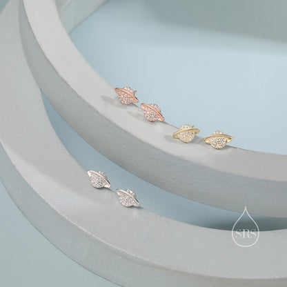 CZ Saturn Planet Stud Earrings in Sterling Silver, Silver or Gold or Rose Gold, Planet Earrings, Saturn Earrings