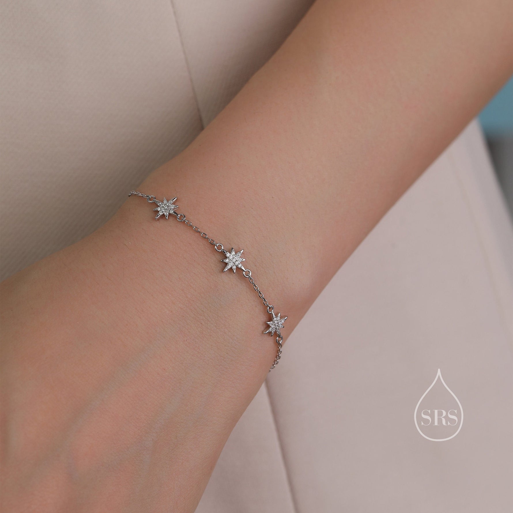 Starburst CZ Bracelet in Sterling Silver, Silver or Gold or Rose Gold, Three Star Bracelet, North Star Bracelet, Sunburst Bracelet, Star