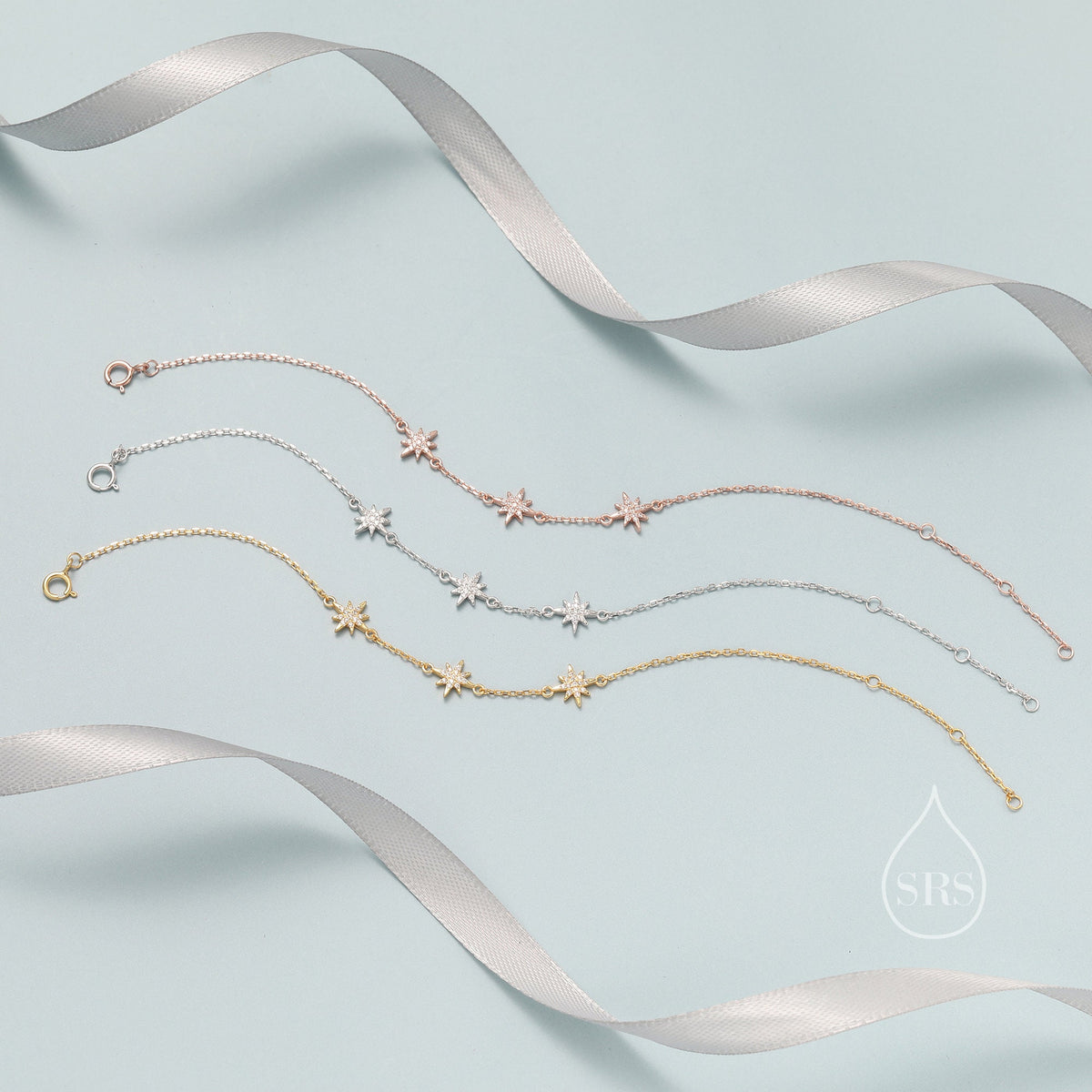 Starburst CZ Bracelet in Sterling Silver, Silver or Gold or Rose Gold, Three Star Bracelet, North Star Bracelet, Sunburst Bracelet, Star
