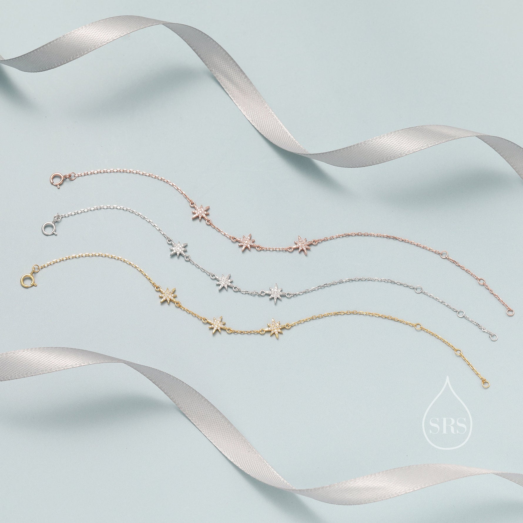 Starburst CZ Bracelet in Sterling Silver, Silver or Gold or Rose Gold, Three Star Bracelet, North Star Bracelet, Sunburst Bracelet, Star