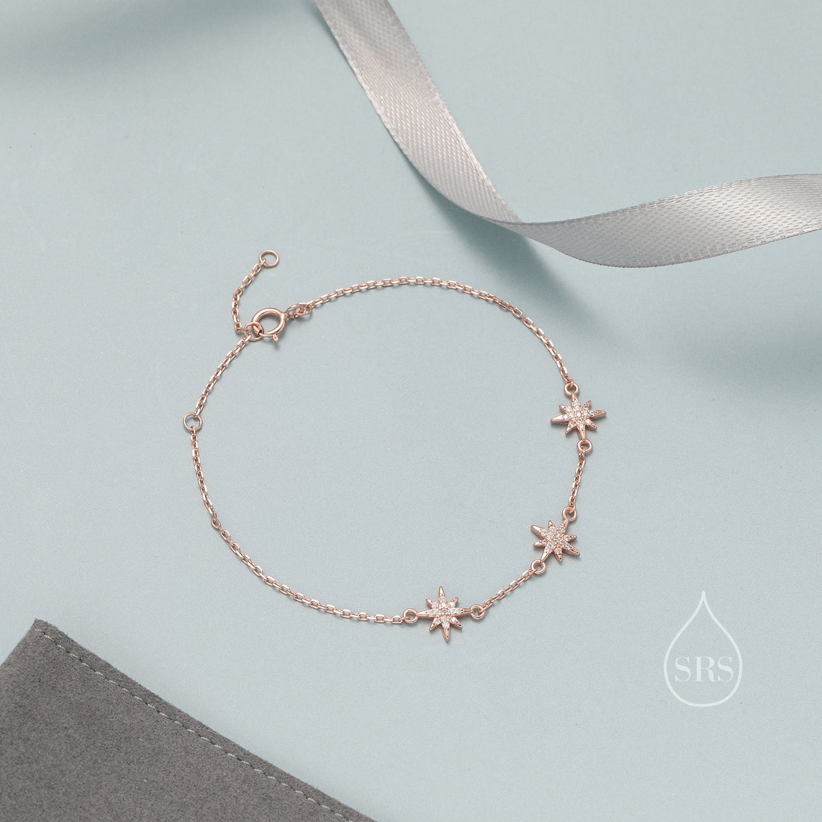 Starburst CZ Bracelet in Sterling Silver, Silver or Gold or Rose Gold, Three Star Bracelet, North Star Bracelet, Sunburst Bracelet, Star