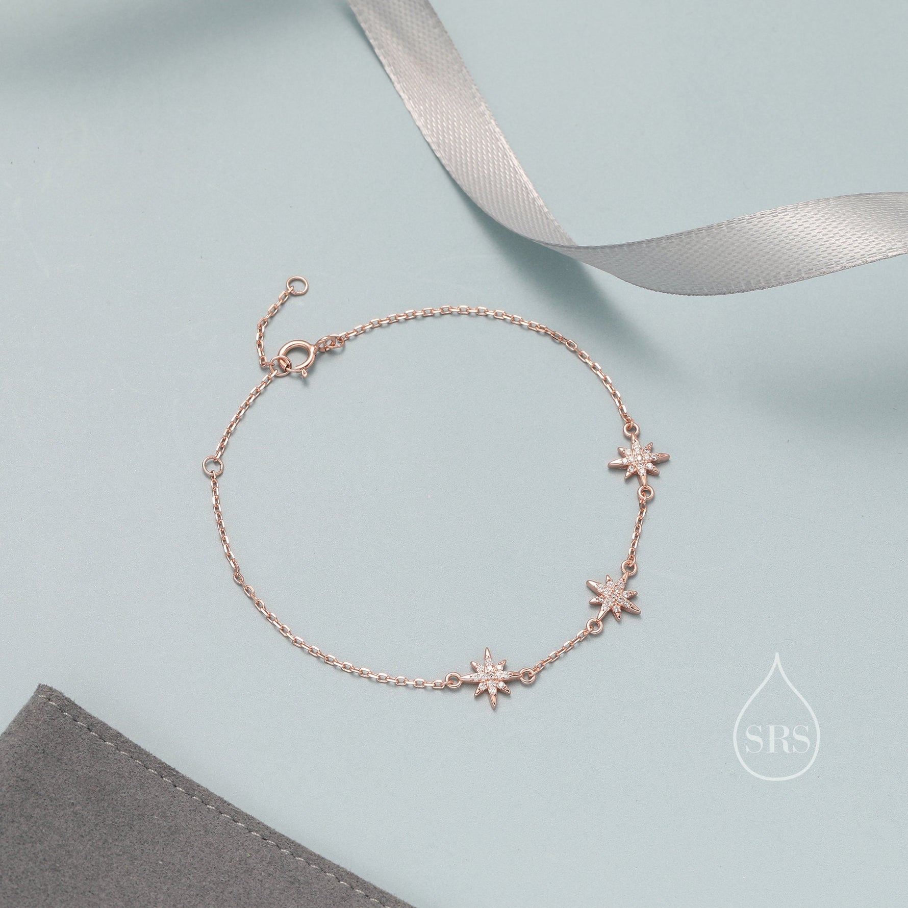 Starburst CZ Bracelet in Sterling Silver, Silver or Gold or Rose Gold, Three Star Bracelet, North Star Bracelet, Sunburst Bracelet, Star