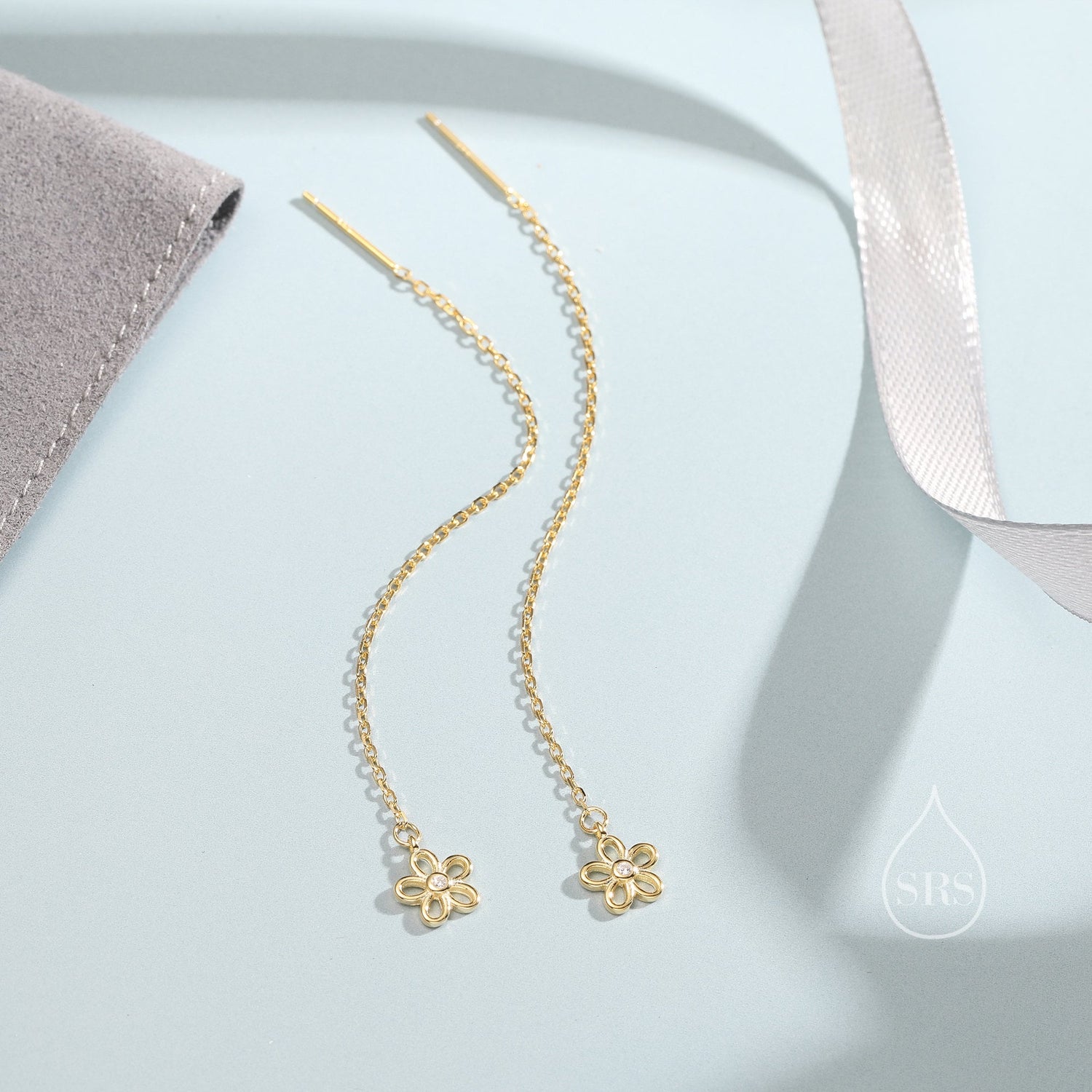Sterling Silver Tiny Forget Me Not Flower Long Ear Threaders, Flower Threader Earrings, Daily Dangle Earrings, Daisy Earrings