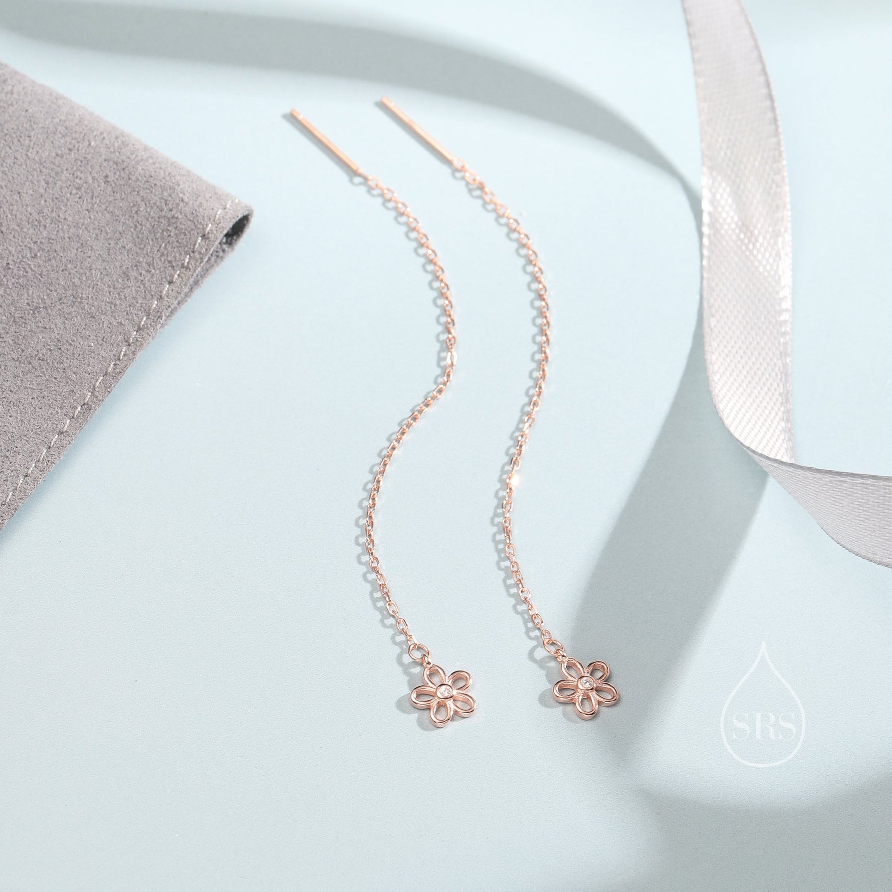 Sterling Silver Tiny Forget Me Not Flower Long Ear Threaders, Flower Threader Earrings, Daily Dangle Earrings, Daisy Earrings