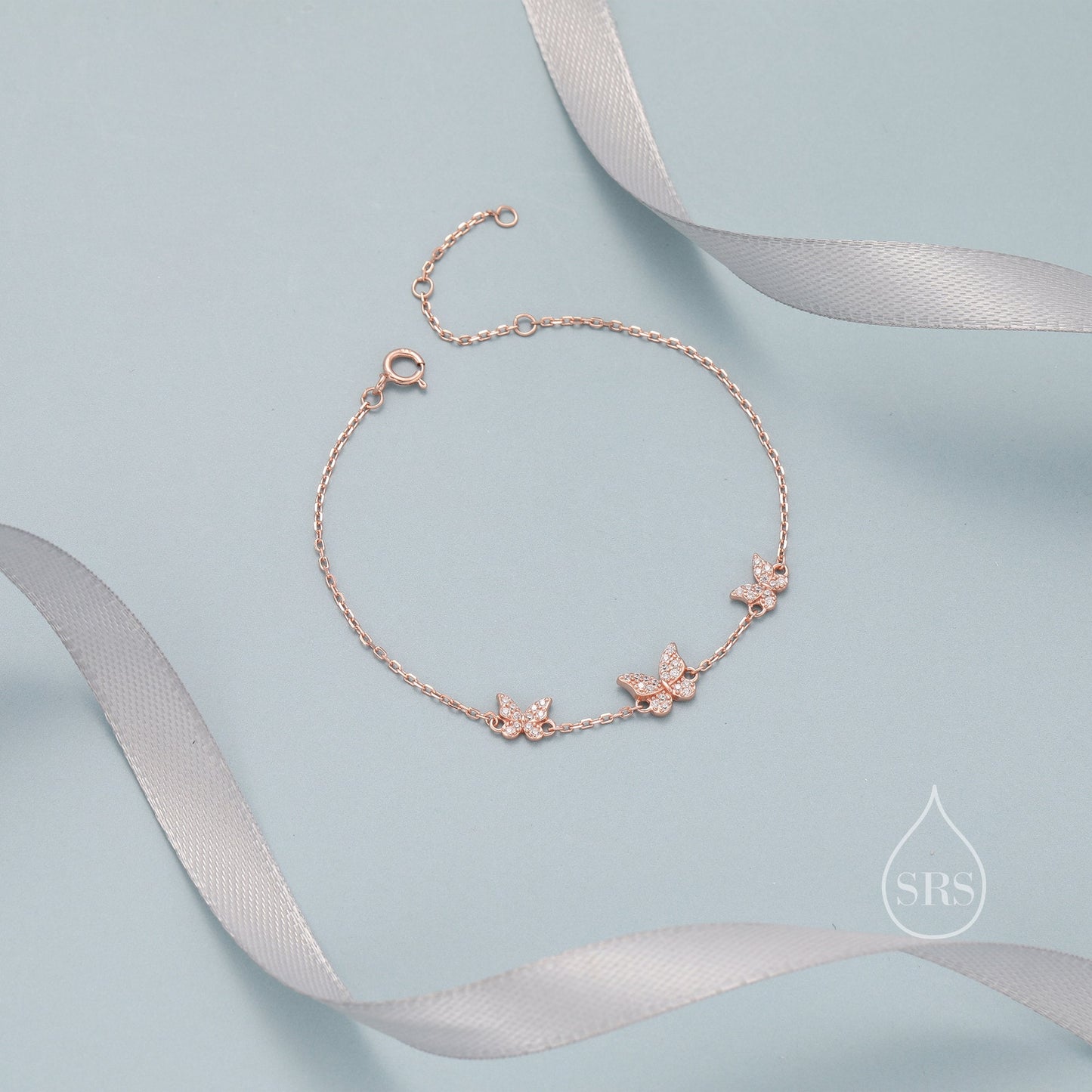 CZ Butterfly Floating Bracelet in Sterling Silver, Silver or Gold or Rose gold, Satellite Crystal Bracelet, Solid Silver Bracelet