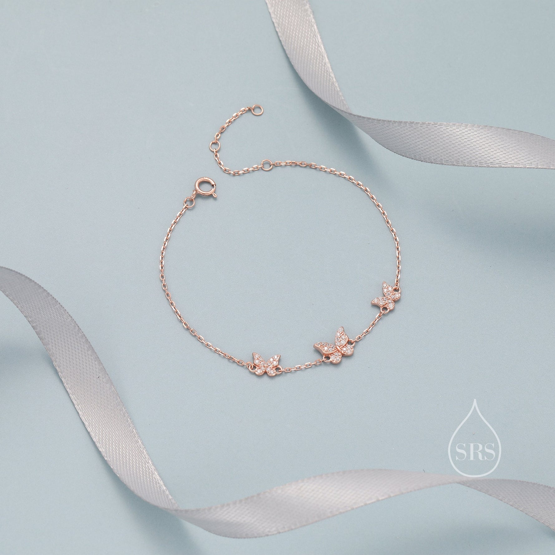 CZ Butterfly Floating Bracelet in Sterling Silver, Silver or Gold or Rose gold, Satellite Crystal Bracelet, Solid Silver Bracelet