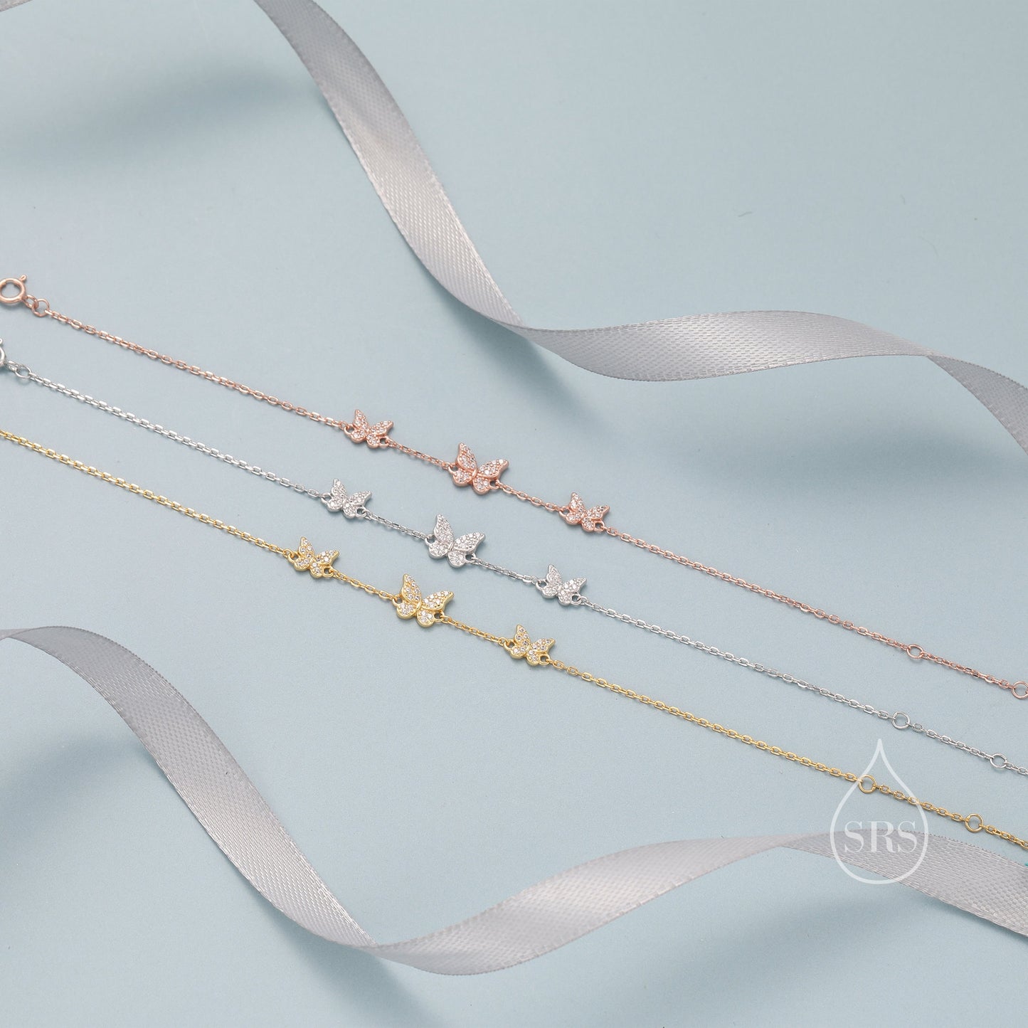 CZ Butterfly Floating Bracelet in Sterling Silver, Silver or Gold or Rose gold, Satellite Crystal Bracelet, Solid Silver Bracelet