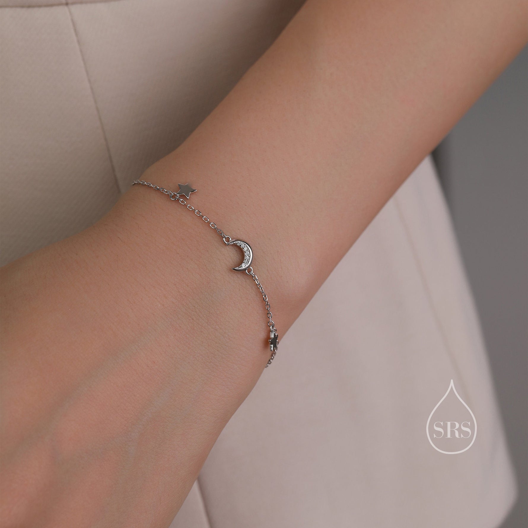 Sterling Silver CZ Moon and Star Bracelet, Silver or Gold, Moon and Star Charm Bracelet, Celestial Jewellery