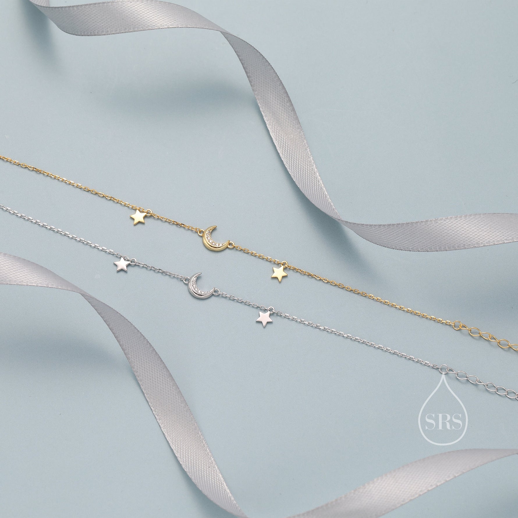Sterling Silver CZ Moon and Star Bracelet, Silver or Gold, Moon and Star Charm Bracelet, Celestial Jewellery