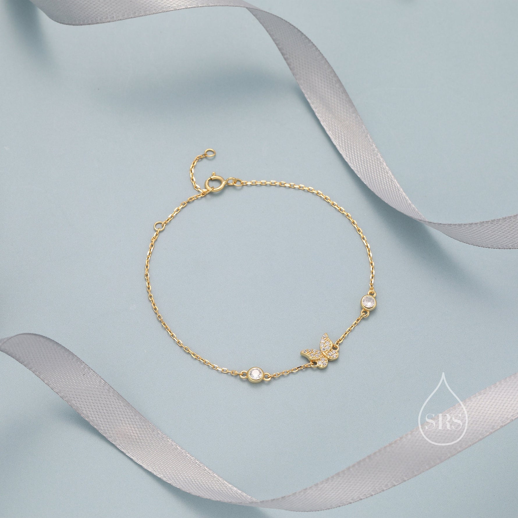 CZ and Crystal Butterfly Floating Bracelet in Sterling Silver, Silver or Gold or Rose gold, Satellite Bracelet, Solid Silver Bracelet