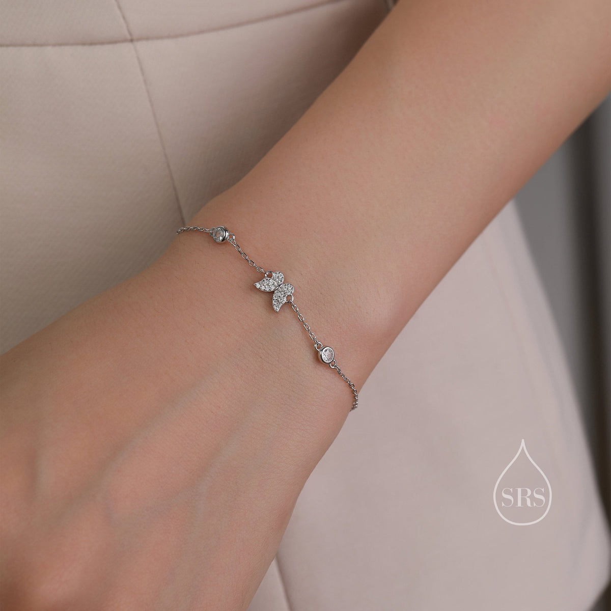 CZ and Crystal Butterfly Floating Bracelet in Sterling Silver, Silver or Gold or Rose gold, Satellite Bracelet, Solid Silver Bracelet