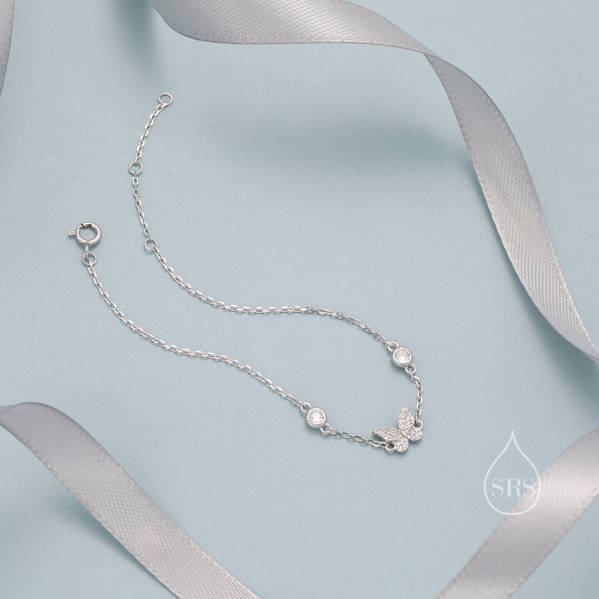 CZ and Crystal Butterfly Floating Bracelet in Sterling Silver, Silver or Gold or Rose gold, Satellite Bracelet, Solid Silver Bracelet
