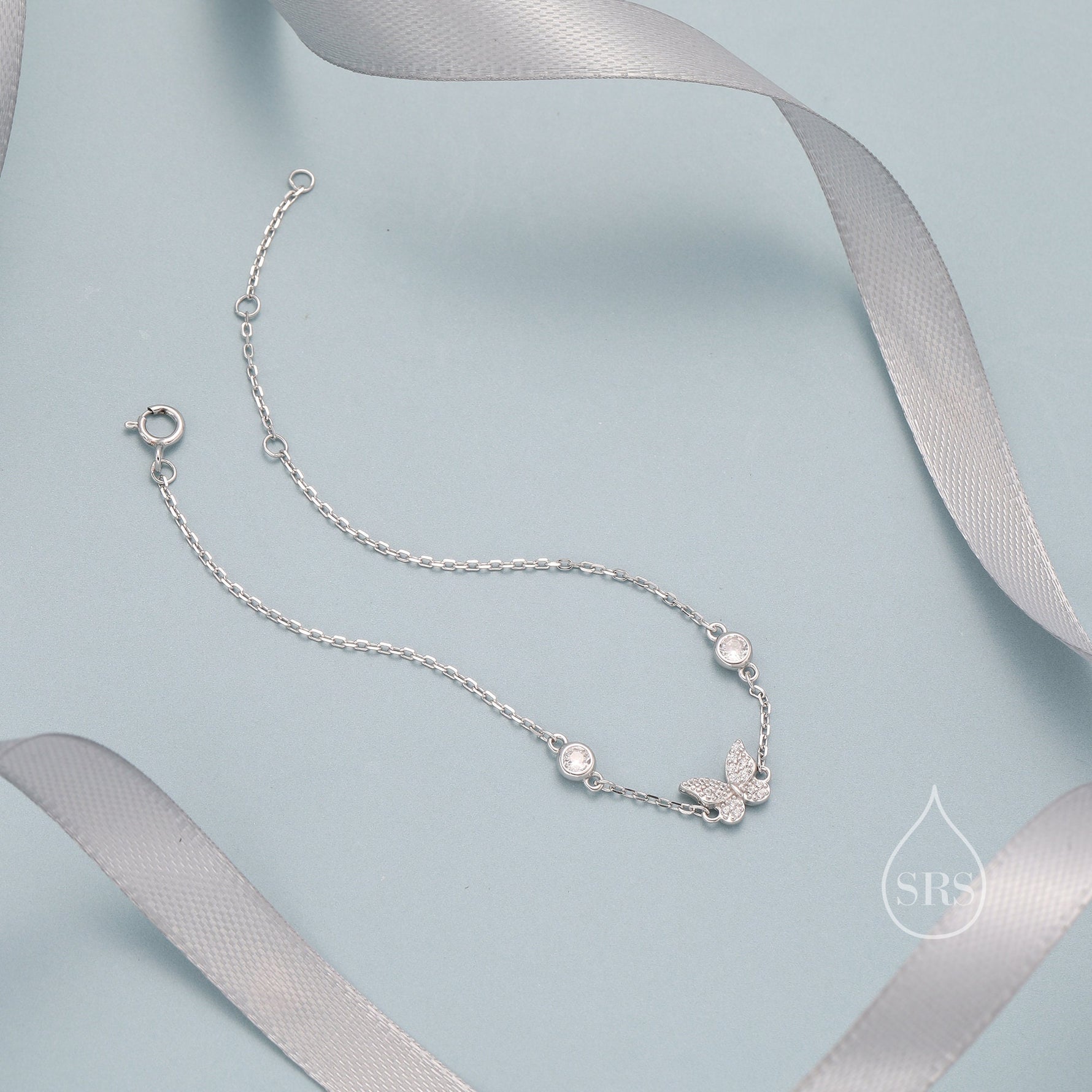 CZ and Crystal Butterfly Floating Bracelet in Sterling Silver, Silver or Gold or Rose gold, Satellite Bracelet, Solid Silver Bracelet