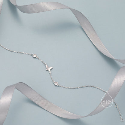 CZ Crystal and Butterfly Floating Bracelet in Sterling Silver, Silver or Gold or Rose gold, Satellite Bracelet, Solid Silver Bracelet