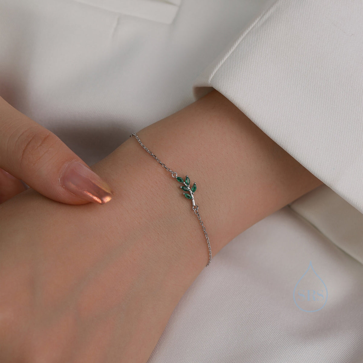 Green CZ Olive Leaf Motif Bracelet