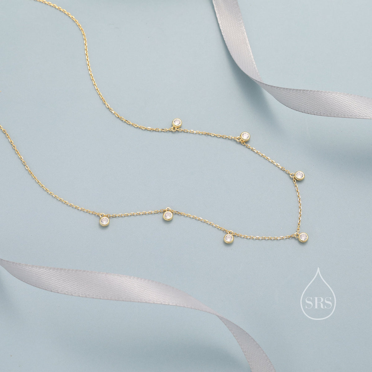 CZ Dangle Necklace in Sterling Silver, Silver or Gold or Rose Gold, Satellite Crystal Necklace, Solid Silver Motif Necklace