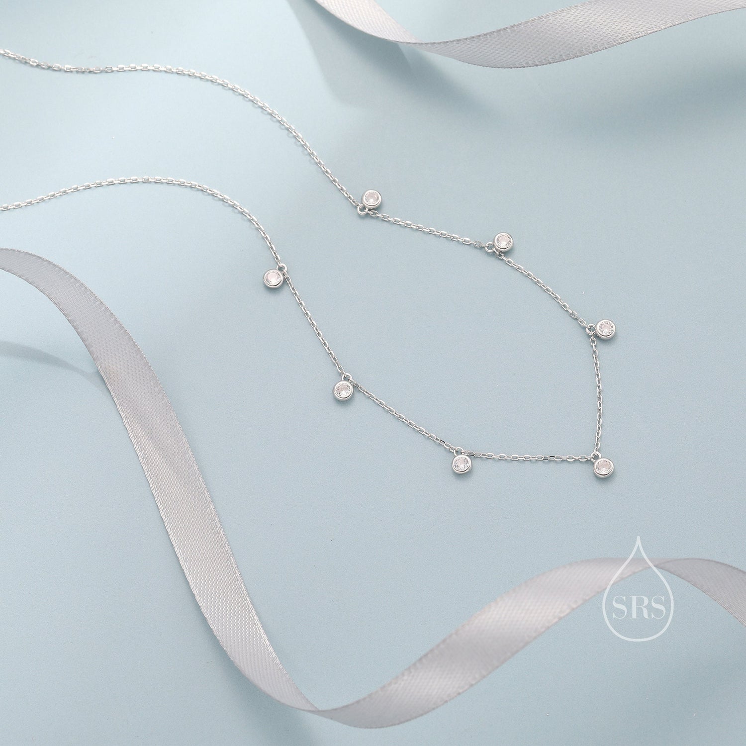 CZ Dangle Necklace in Sterling Silver, Silver or Gold or Rose Gold, Satellite Crystal Necklace, Solid Silver Motif Necklace