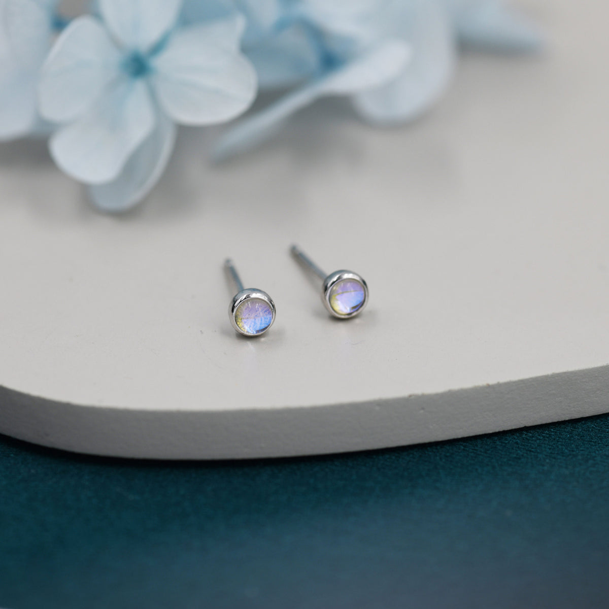 Moonstone Stud Earrings in Sterling Silver, Bezel, Aurora Stone Stud Earrings, 3mm Aurora Crystal Dot Earrings, lab-created moonstone