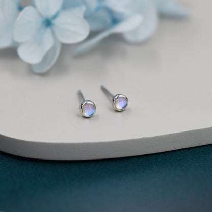 Moonstone Stud Earrings in Sterling Silver, Bezel, Aurora Stone Stud Earrings, 3mm Aurora Crystal Dot Earrings