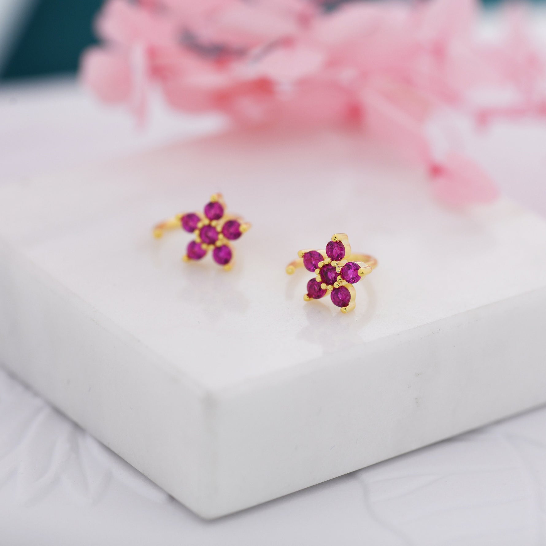 Pink CZ Flower Huggie Hoop Earrings in Sterling Silver, Gold or Silver, CZ Flower Threader Hoop Earrings, Pull Through, C Shape