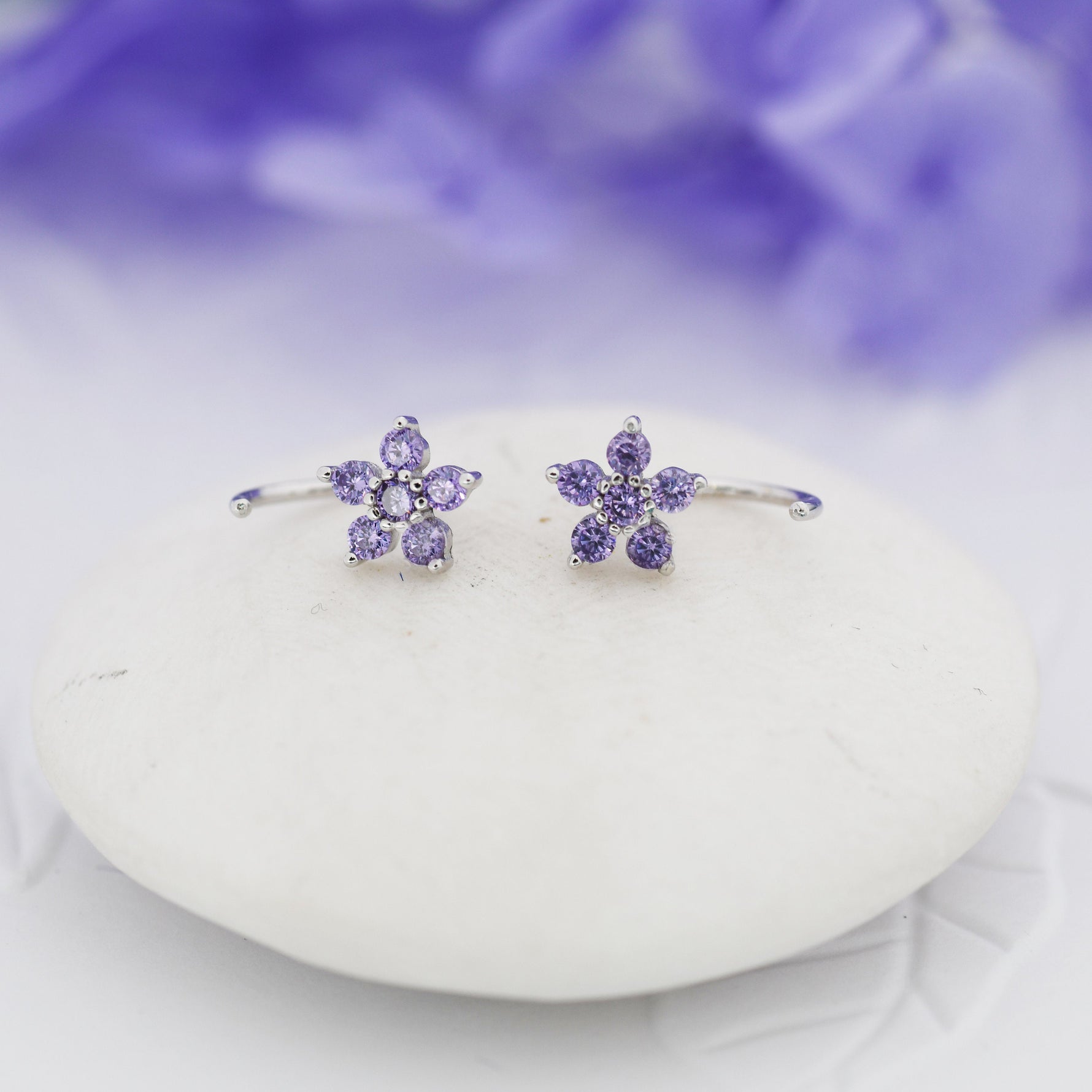 Amethyst Purple CZ Flower Huggie Hoop Earrings in Sterling Silver, Gold or Silver, CZ Flower Threader Hoop Earrings, Pull Through, C Shape