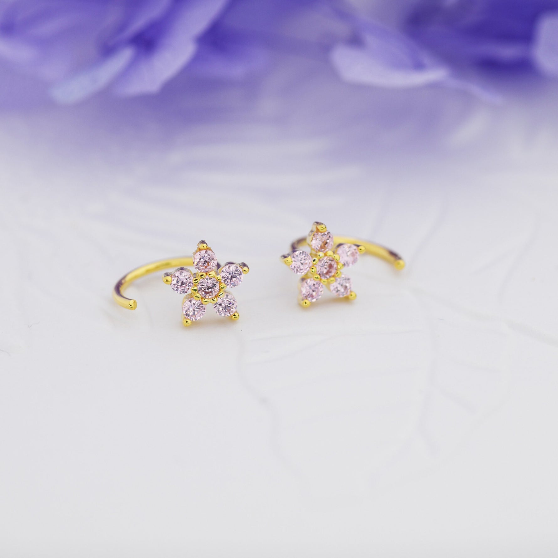 Light Pink CZ Flower Huggie Hoop Earrings in Sterling Silver, Gold or Silver, CZ Flower Threader Hoop Earrings, Pull Through, C Shape
