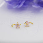 Light Pink CZ Flower Huggie Hoop Earrings in Sterling Silver, Gold or Silver, CZ Flower Threader Hoop Earrings, Pull Through, C Shape