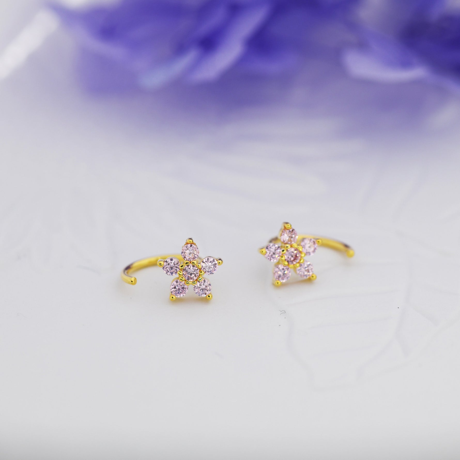 Light Pink CZ Flower Huggie Hoop Earrings in Sterling Silver, Gold or Silver, CZ Flower Threader Hoop Earrings, Pull Through, C Shape