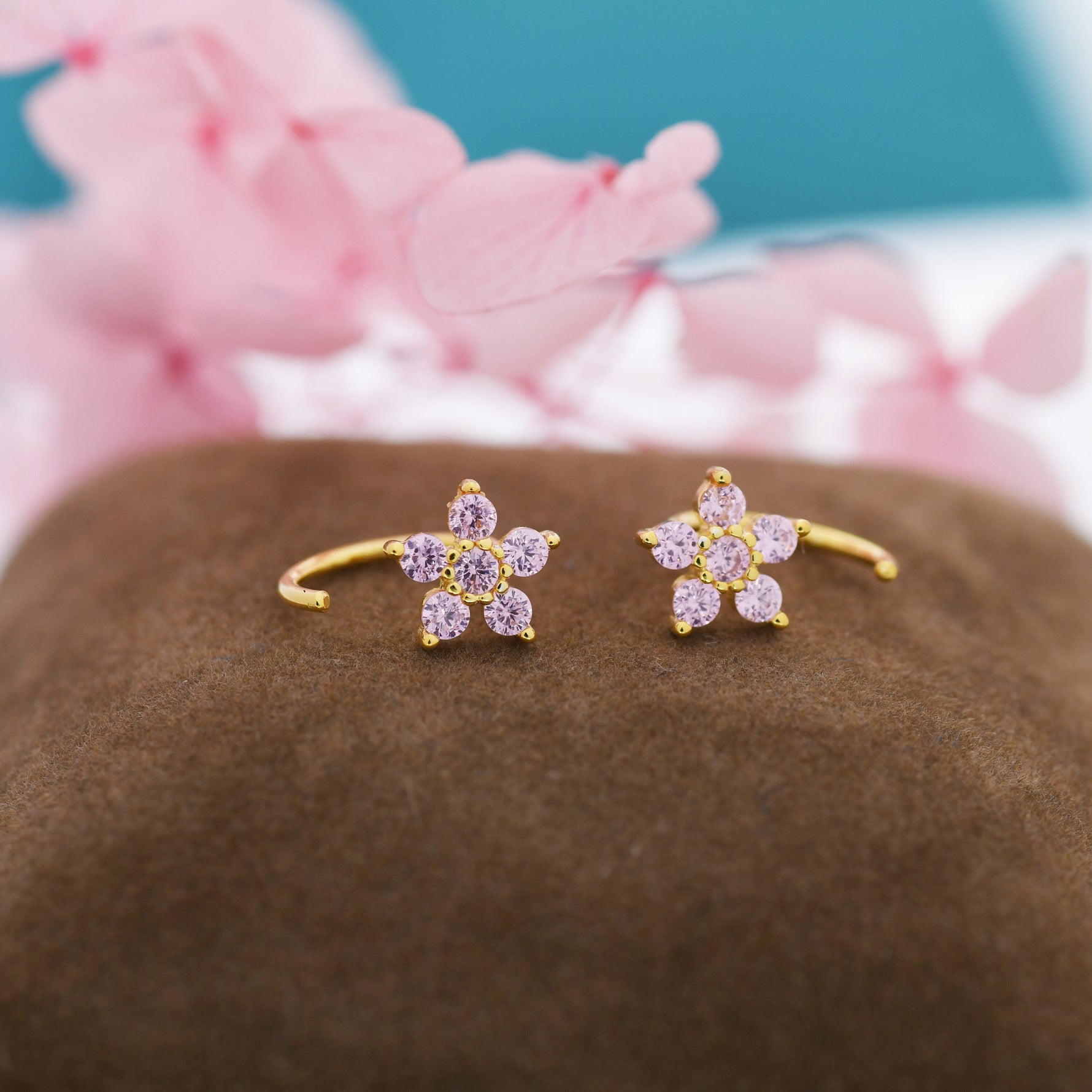 Light Pink CZ Flower Huggie Hoop Earrings in Sterling Silver, Gold or Silver, CZ Flower Threader Hoop Earrings, Pull Through, C Shape