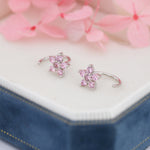 Light Pink CZ Flower Huggie Hoop Earrings in Sterling Silver, Gold or Silver, CZ Flower Threader Hoop Earrings, Pull Through, C Shape