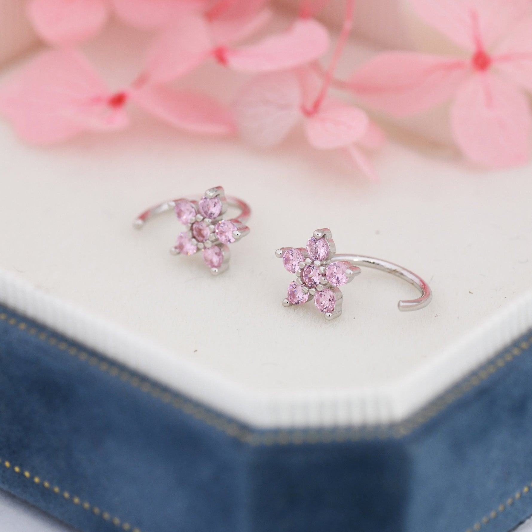Light Pink CZ Flower Huggie Hoop Earrings in Sterling Silver, Gold or Silver, CZ Flower Threader Hoop Earrings, Pull Through, C Shape