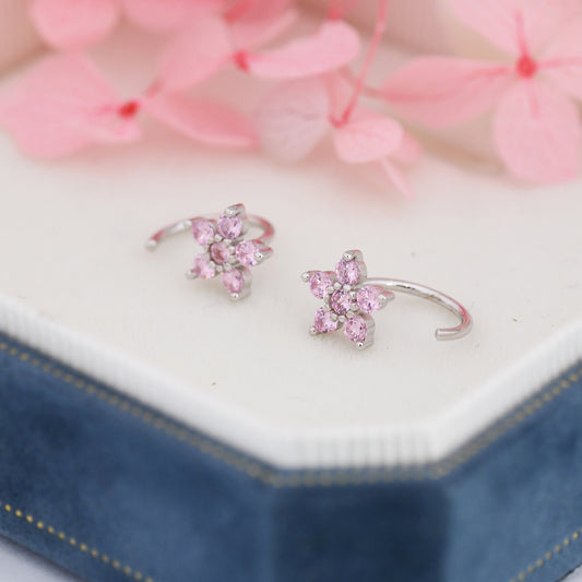 Light Pink CZ Flower Huggie Hoop Earrings in Sterling Silver, Gold or Silver, CZ Flower Threader Hoop Earrings, Pull Through, C Shape