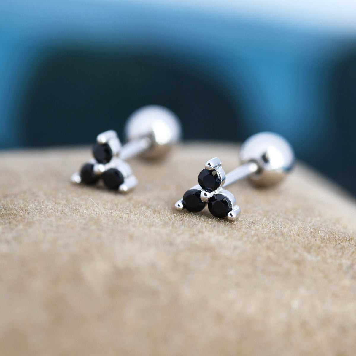 Tiny Black CZ Trio Screw Back Earrings in Sterling Silver, Three CZ Earrings, Simple and Minimalist, Geometric and Discreet, Black Screwback