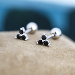 Tiny Black CZ Trio Screw Back Earrings in Sterling Silver, Three CZ Earrings, Simple and Minimalist, Geometric and Discreet, Black Screwback