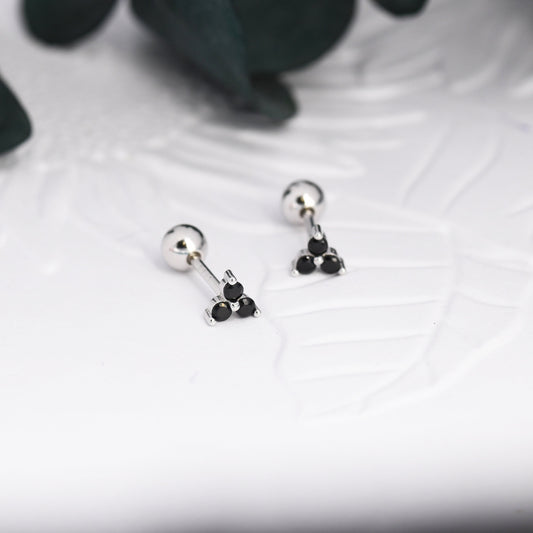 Tiny Black CZ Trio Screw Back Earrings in Sterling Silver, Three CZ Earrings, Simple and Minimalist, Geometric and Discreet, Black Screwback