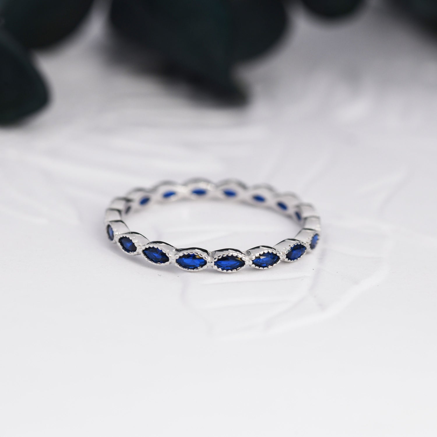 Sapphire Blue Marquise CZ Infinity Ring in Sterling Silver, Skinny Marquise Ring US 5 - 8