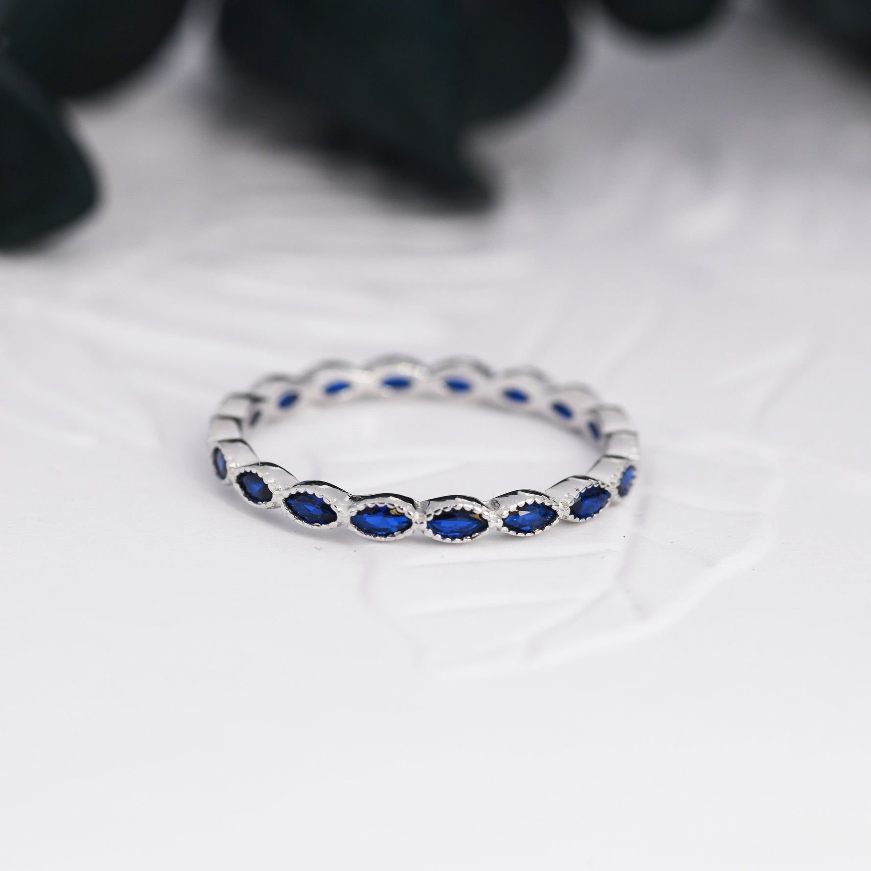Sapphire Blue Marquise CZ Infinity Ring in Sterling Silver, Skinny Marquise Ring US 5 - 8