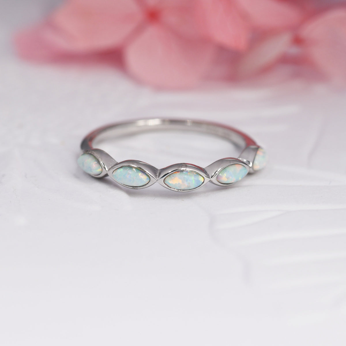 Fire Opal Marquise Ring in Sterling Silver, US 5 - 8, Opal Cluster Ring, Silver Opal Ring, Lab Opal Stone Ring, White Opal Ring