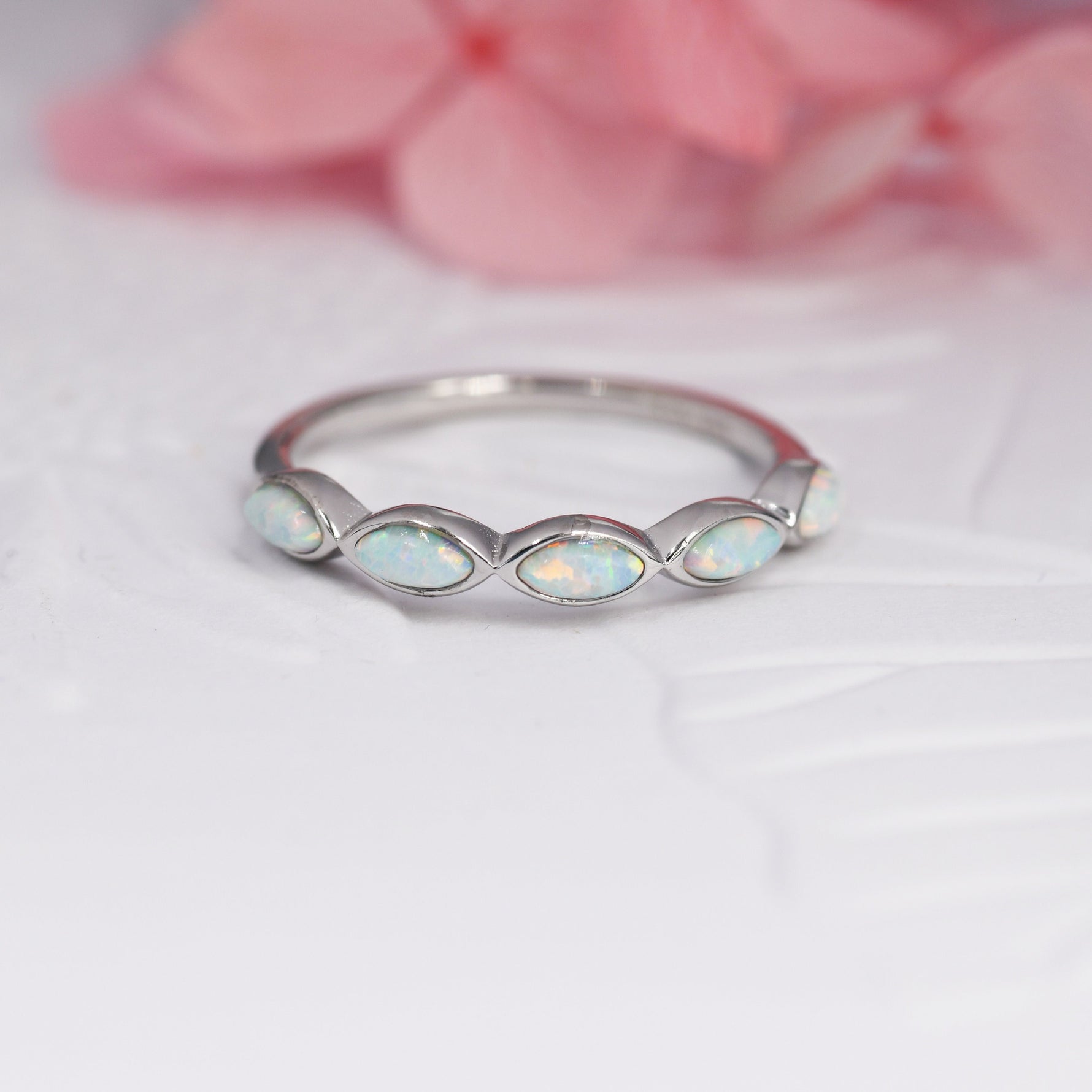 Fire Opal Marquise Ring in Sterling Silver, US 5 - 8, Opal Cluster Ring, Silver Opal Ring, Lab Opal Stone Ring, White Opal Ring