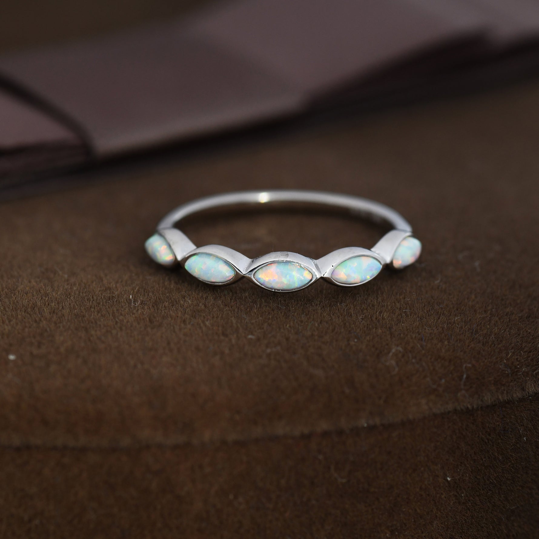 Fire Opal Marquise Ring in Sterling Silver, US 5 - 8, Opal Cluster Ring, Silver Opal Ring, Lab Opal Stone Ring, White Opal Ring