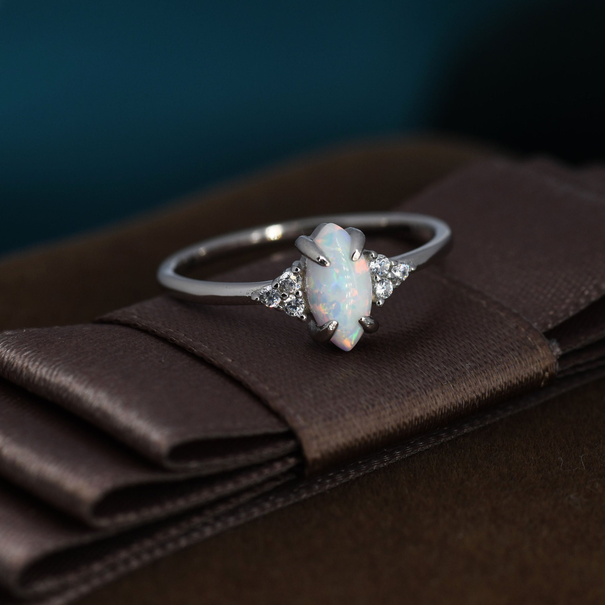 White Opal Marquise and CZ Ring in Sterling Silver, US 5 - 8, Vintage Inspired, 4x8mm, Lab Opal Stone Ring, Fire Opal Ring