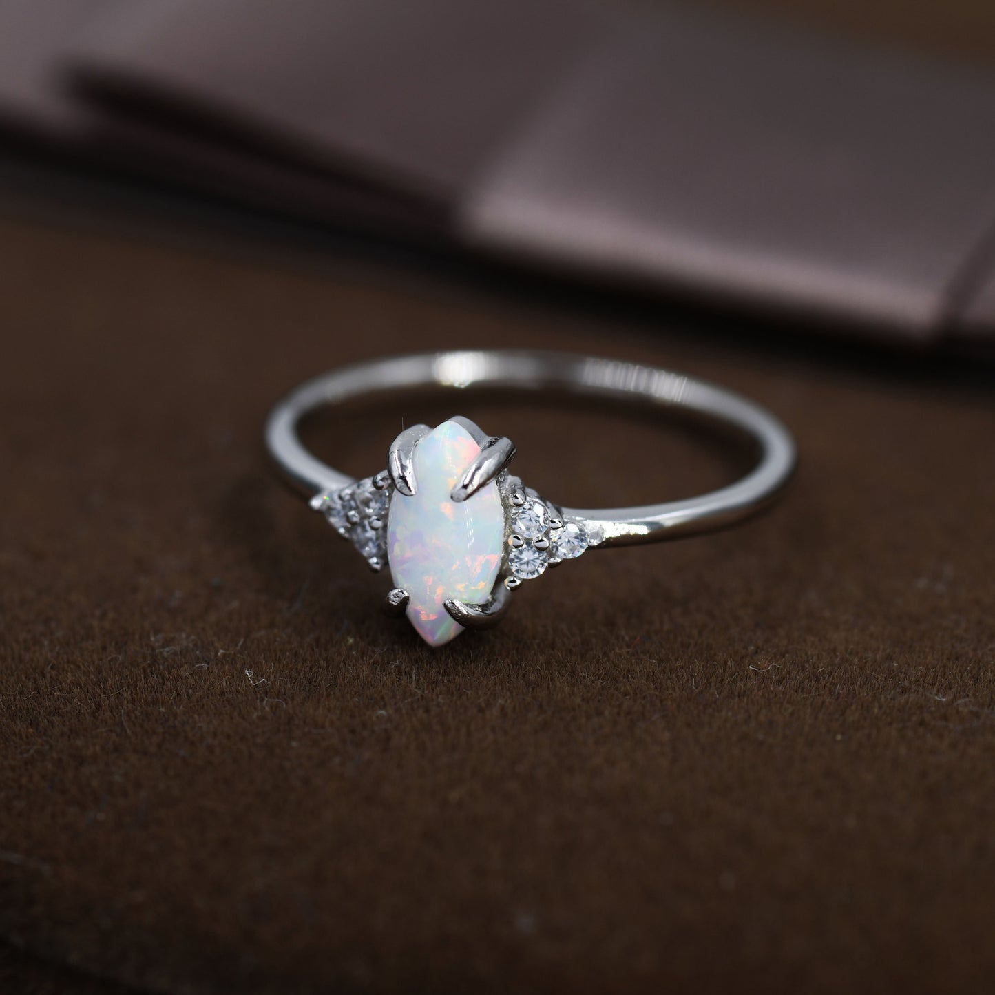White Opal Marquise and CZ Ring in Sterling Silver, US 5 - 8, Vintage Inspired, 4x8mm, Lab Opal Stone Ring, Fire Opal Ring