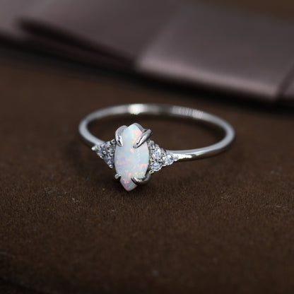 White Opal Marquise and CZ Ring in Sterling Silver, US 5 - 8, Vintage Inspired, 4x8mm, Lab Opal Stone Ring, Fire Opal Ring