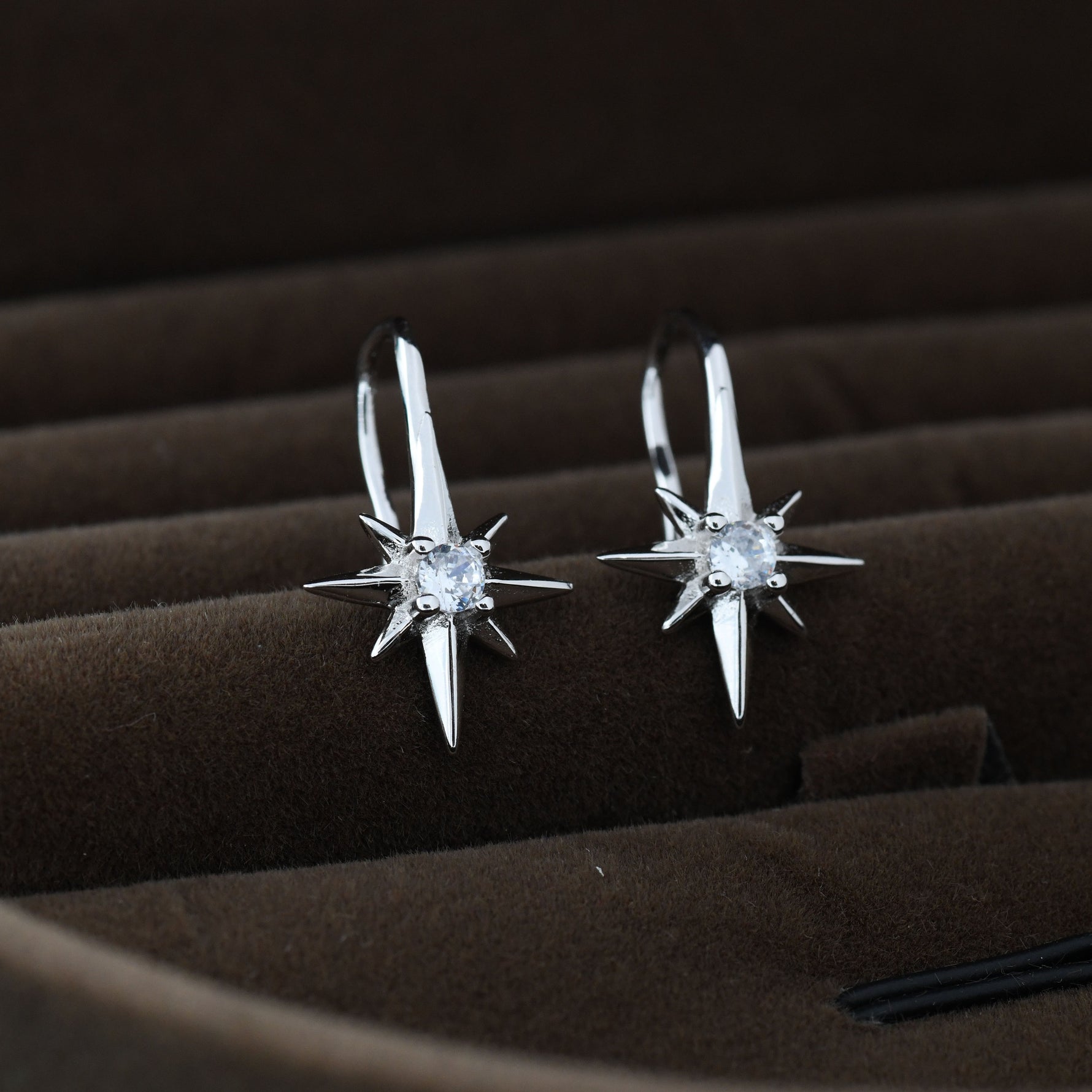 Starburst Hook Earrings in Sterling Silver, Silver, Gold or Rose Gold, North Star Earrings, Sunburst Earrings, Celestial Jewellery