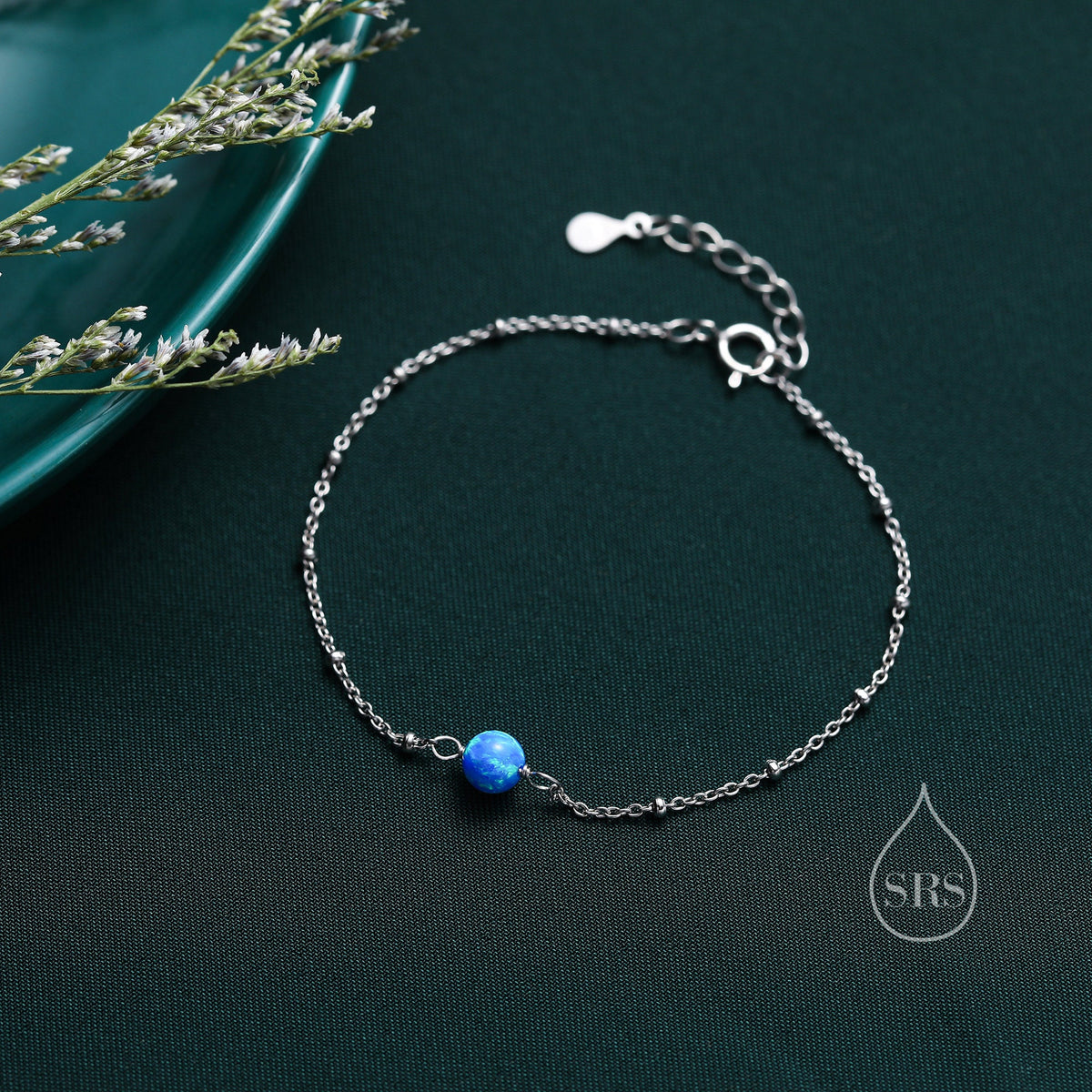 Blue Opal Bead Bracelet in Sterling Silver, Blue Opal Bracelet , Single Opal Bracelet, Genuine Opal Crystal, Lab Opal Bracelet