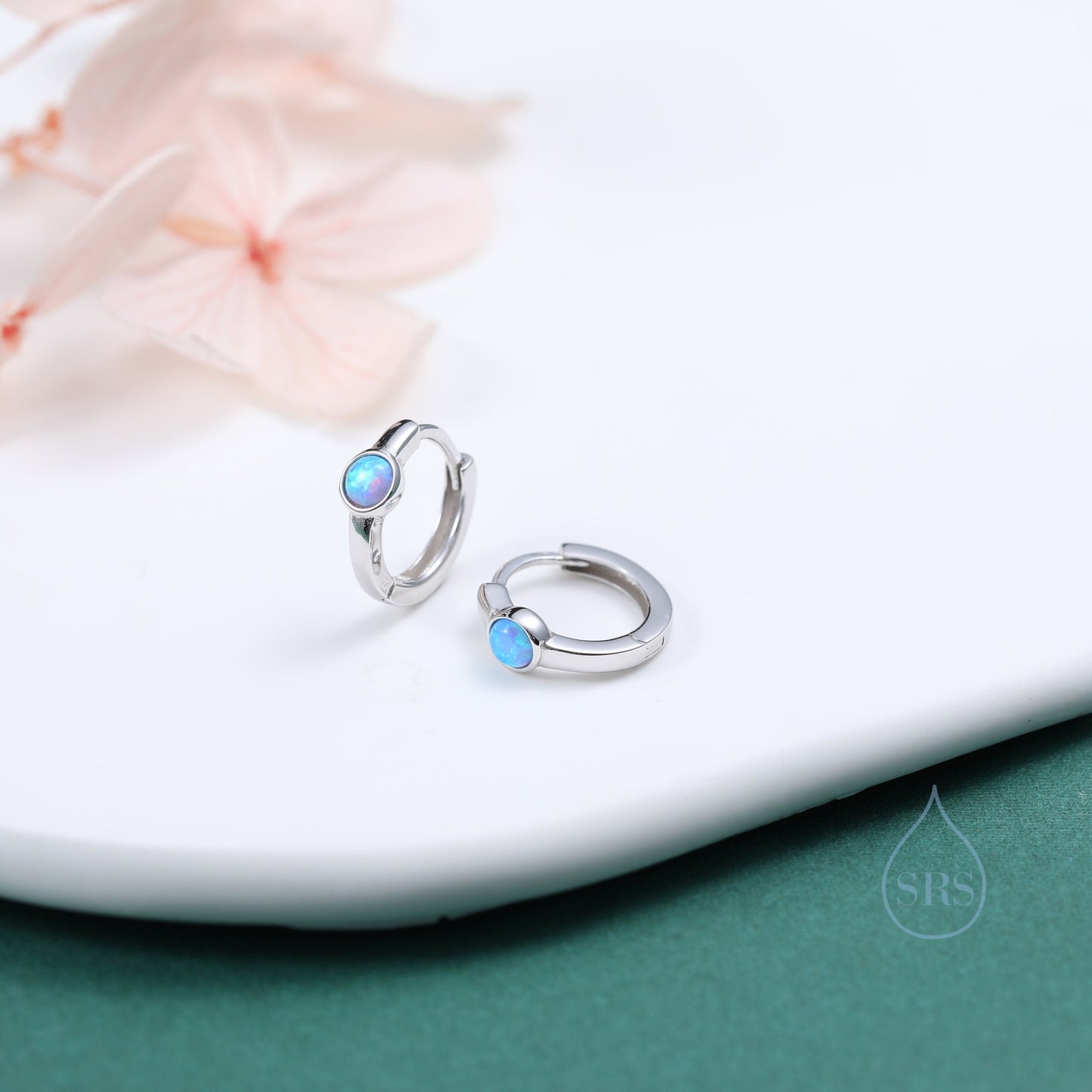 Blue Opal Dagger Huggie Hoop Earrings in Sterling Silver, Tiny Opal Hoops, Opal Hoops