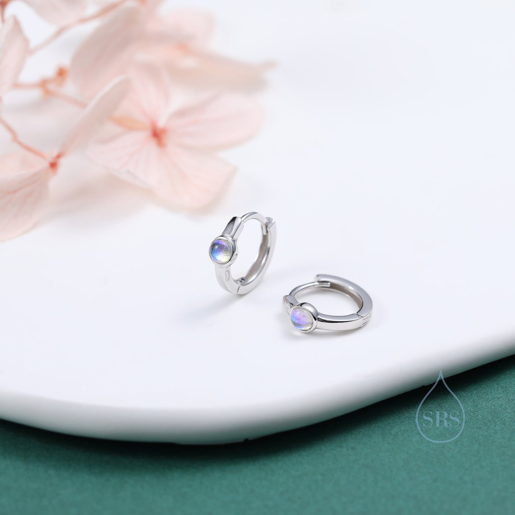 Moonstone Huggie Hoop Earrings in Sterling Silver, Tiny Moonstone Hoops, Moonstone Hoops, Simulated Moonstone Hoops