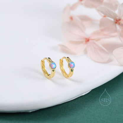 Blue Opal Dagger Huggie Hoop Earrings in Sterling Silver, Tiny Opal Hoops, Opal Hoops