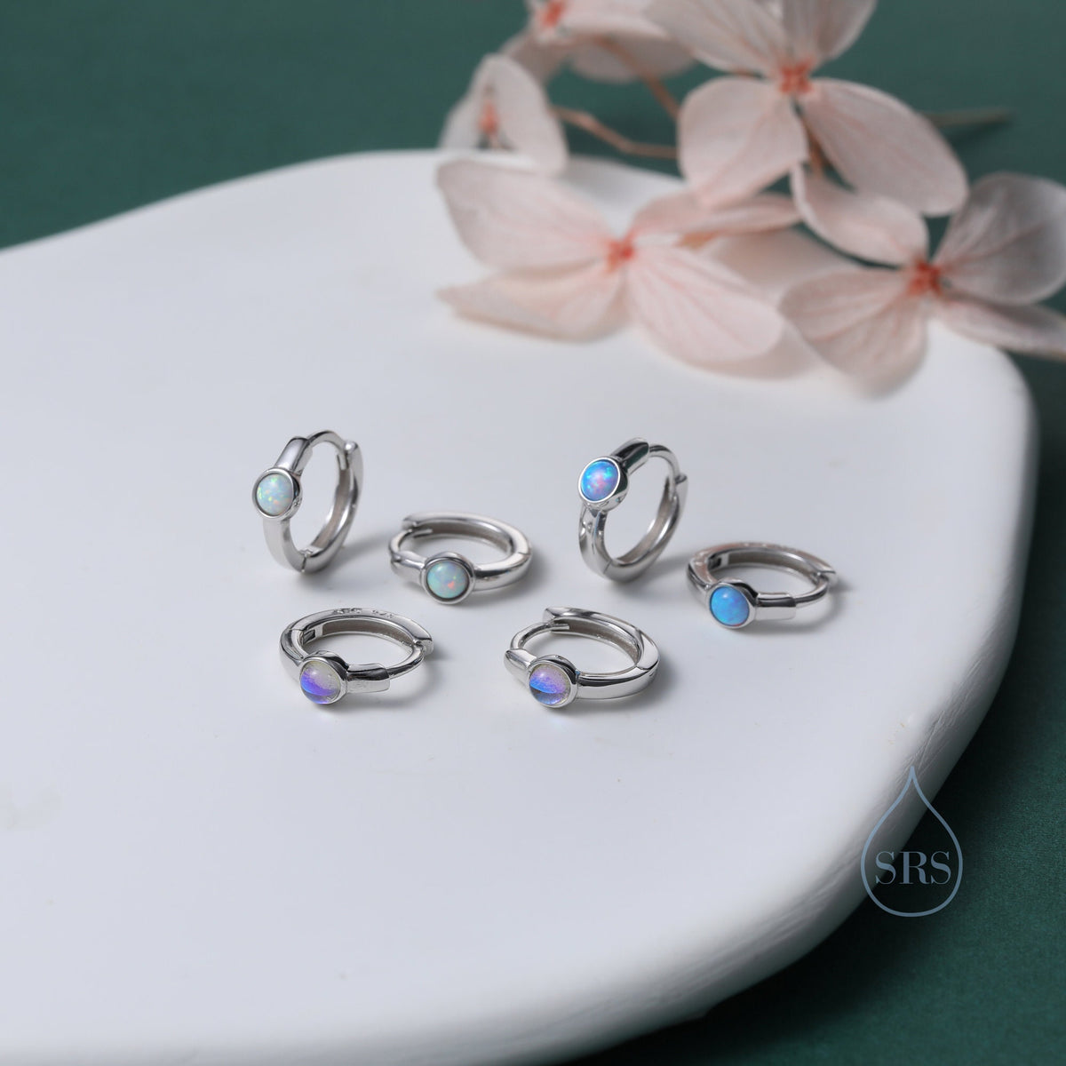 Moonstone Huggie Hoop Earrings in Sterling Silver, Tiny Moonstone Hoops, Moonstone Hoops, Simulated Moonstone Hoops